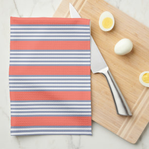 Blue-grey five stripe pattern with living coral tea towel