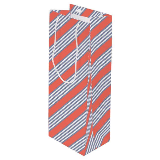 Blue-grey five stripe pattern with living coral wine gift bag (Front Angled)