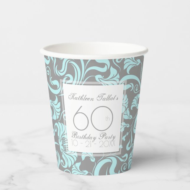 Blue Grey Floral 60th Birthday Party Paper Cup (Front)