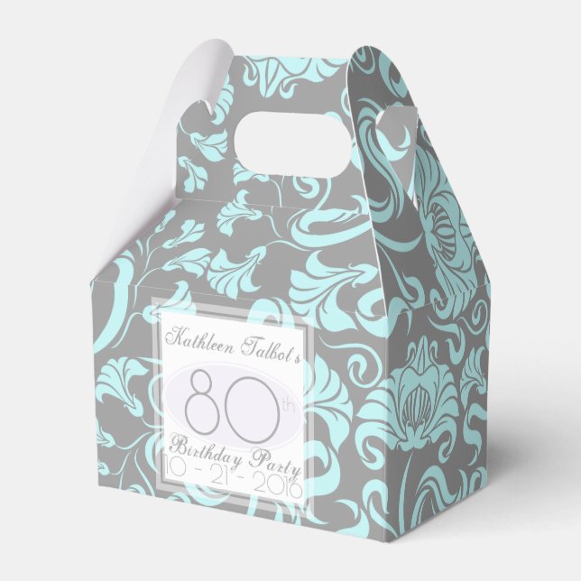 Blue Grey Floral 80th Birthday Thank You Favour Bo Favour Box (Front Side)