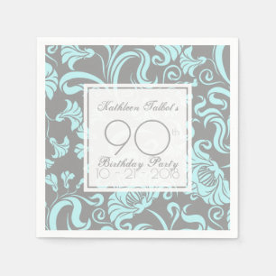 Blue Grey Floral 90th Birthday Party Paper Napkin