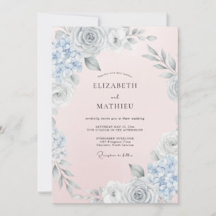 Blue Grey Floral Brushstroke Wedding Invitation
