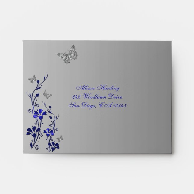 Blue, Grey Floral Butterfly A2 Envelope for RSVP (Front)