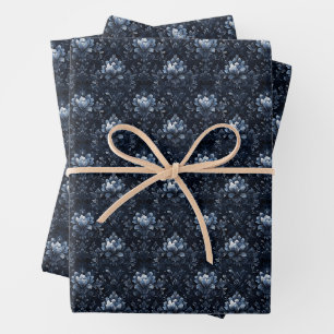 Blue-Grey Floral Damask on Black Wrapping Paper Sheet