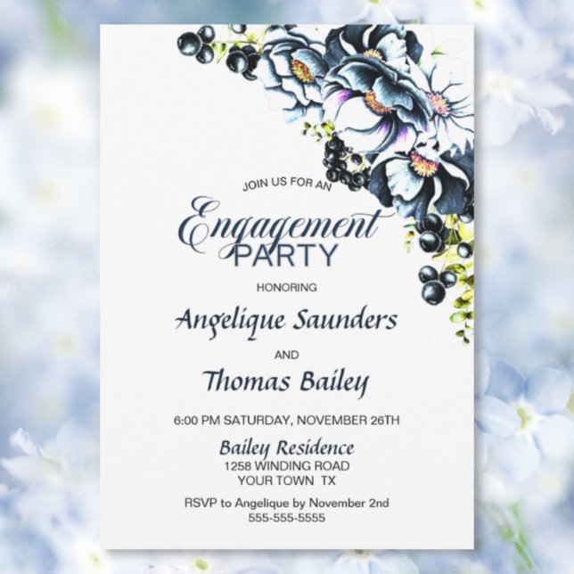 Blue Grey Floral Engagement Party Invitation (Creator Uploaded)