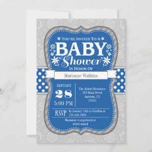 Blue Grey Floral Flower Baby Shower Invitation