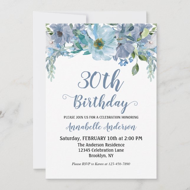Blue Grey Floral Garden Watercolor Script Birthday Invitation (Front)