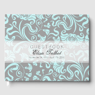 Blue Grey Floral Pattern Damask Funeral Guest Book
