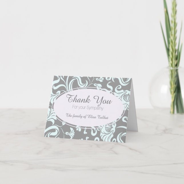 Blue Grey Floral Pattern Sympathy Thank You 2 card (Front)