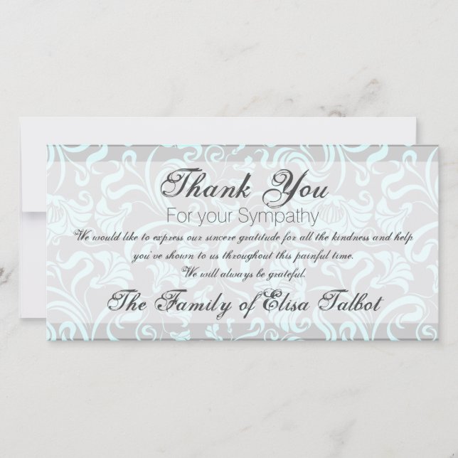 Blue Grey Floral Pattern Sympathy Thank You P card (Front)