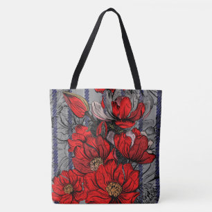 Blue Grey Floral Red Fashion Designer Tote Bag