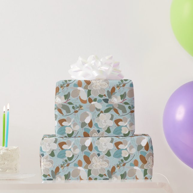 Blue Grey Floral Winter Magnolia Wrapping Paper (Party Gifts)
