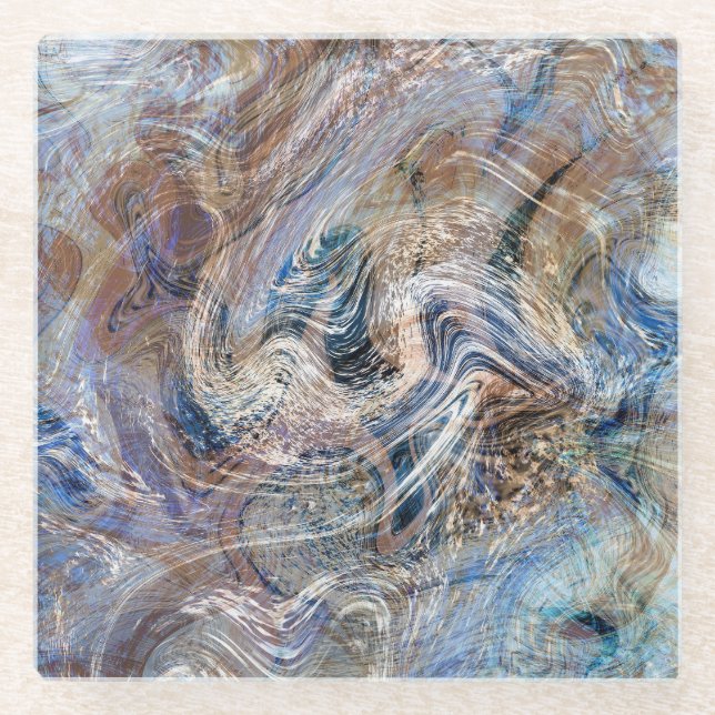 Blue Grey Fluid Marbling Illustration Glass Coaster (Front)