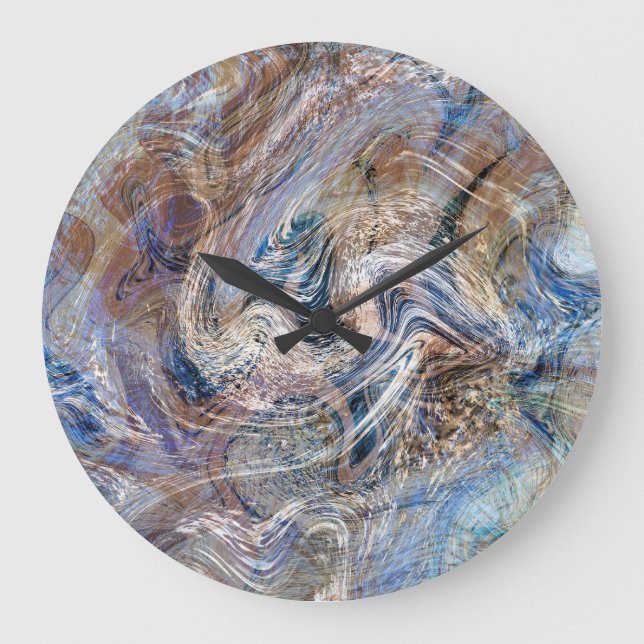 Blue Grey Fluid Marbling Illustration Large Clock (Front)