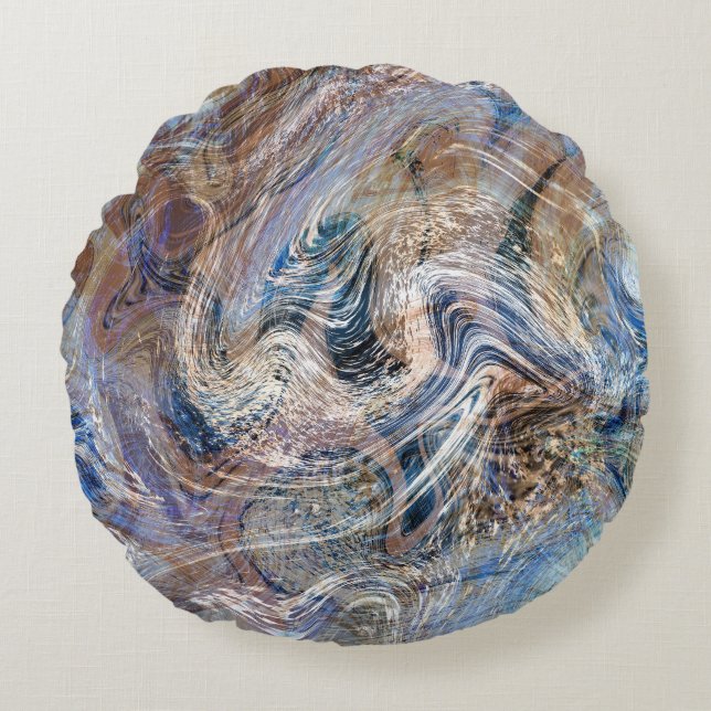 Blue Grey Fluid Marbling Illustration Round Cushion (Front)
