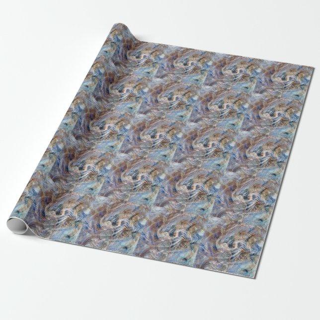 Blue Grey Fluid Marbling Illustration Wrapping Paper (Unrolled)
