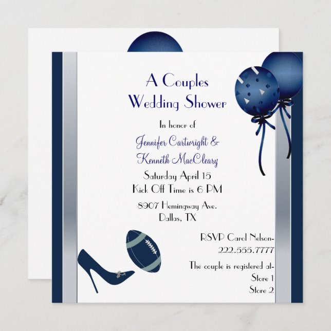 Blue &  Grey Football Couples Wedding Shower Invitation (Front/Back)