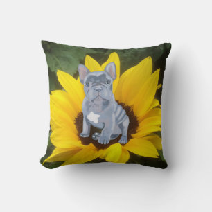 Blue Grey French Bulldog Puppy and Sunflower Cushion