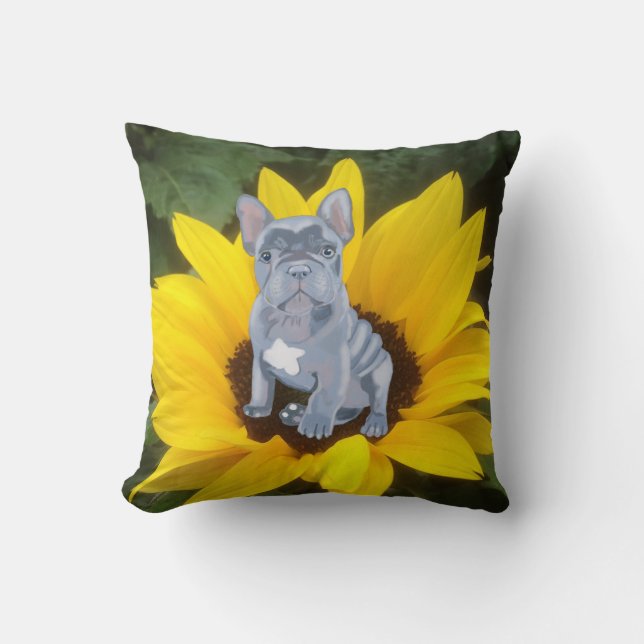 Blue Grey French Bulldog Puppy and Sunflower  Cushion (Front)