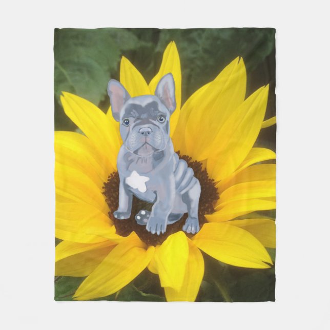 Blue Grey French Bulldog Puppy and Sunflower   Fleece Blanket (Front)