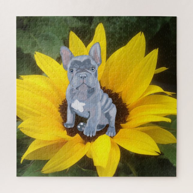 Blue Grey French Bulldog Puppy and Sunflower  Jigsaw Puzzle (Vertical)