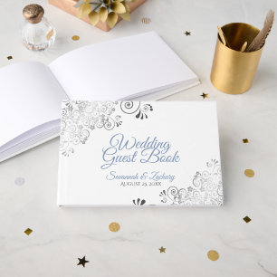 Blue & Grey Frilly Filigree Elegant Wedding Guest Book