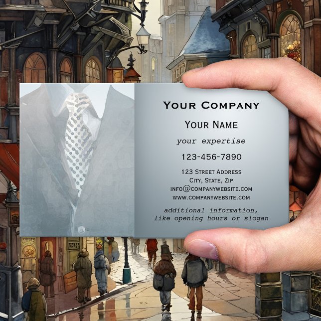 Blue Grey Gentleman Suit Watercolor Business Card (Business card featuring a watercolor painting of a blue grey suit - men's fashion retail store)