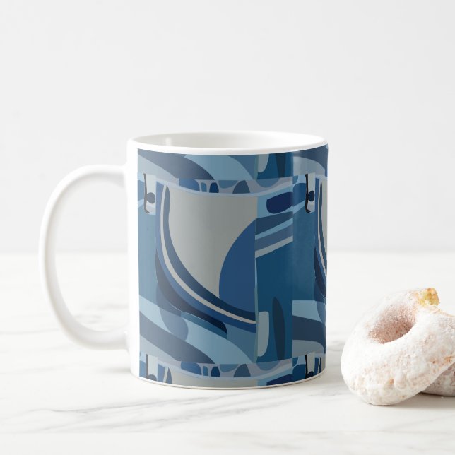 Blue Grey Geometric Abstract Pattern Coffee Mug (With Donut)