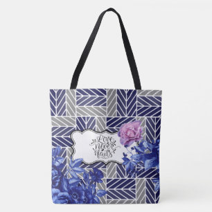 Blue/Grey Geometric Floral Fashion Tote Bag