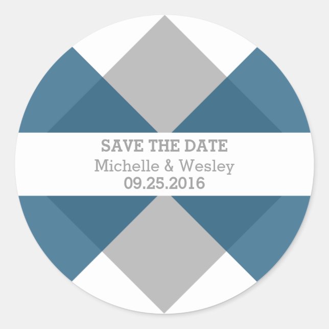 Blue Grey Geometric Triad Save the Date Stickers (Front)