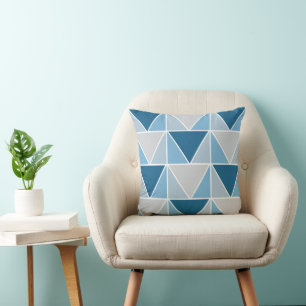 Blue Grey Geometric Triangles Pattern Cushion