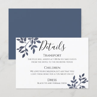 Blue Grey Glitter Botanical Wedding Details Card