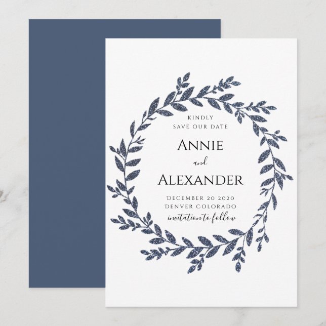 Blue Grey Glitter Effect Leaves Save The Date Invitation (Front/Back)