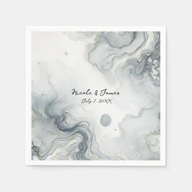 Blue Grey & Gold Beachy Watercolor Beach Wedding Napkin (Front)