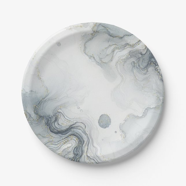 Blue Grey & Gold Beachy Watercolor Beach Wedding Paper Plate (Front)