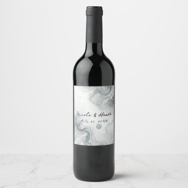 Blue Grey & Gold Beachy Watercolor Beach Wedding Wine Label (Front)