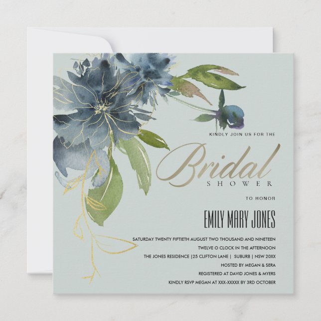 BLUE GREY GOLD FLORAL WATERCOLOR BRIDAL SHOWER INVITATION (Front)
