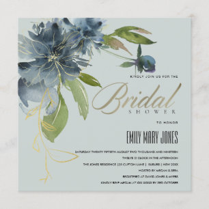 BLUE GREY GOLD FLORAL WATERCOLOR BRIDAL SHOWER INVITATION