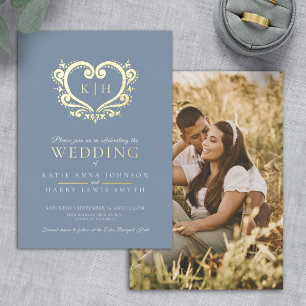 Blue grey gold heart monogram wedding photo