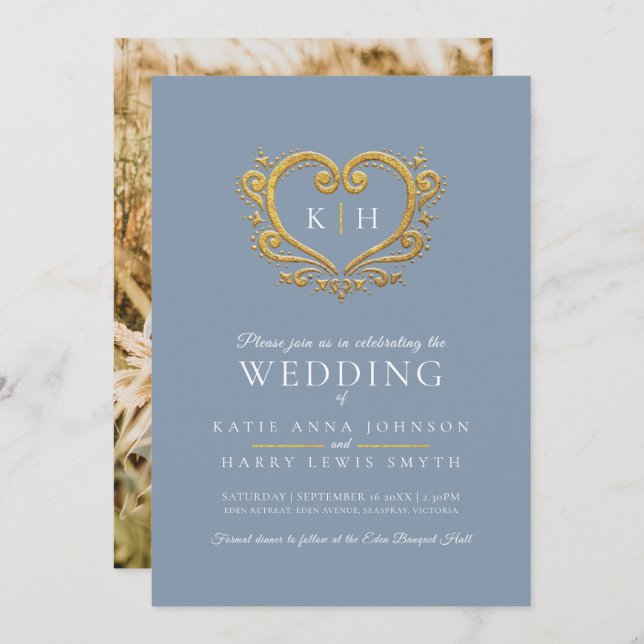 Blue grey gold heart monogram wedding photo invitation (Front/Back)