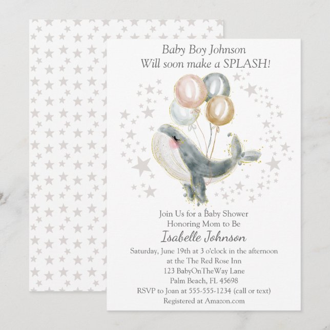 Blue Grey Gold Watercolor Cute Whale Baby Shower Invitation (Front/Back)