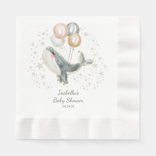 Blue Grey Gold Watercolor Cute Whale Baby Shower Napkin (Front)