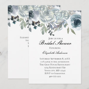 Blue Grey Green Elegant Floral Watercolor Bridal  Invitation