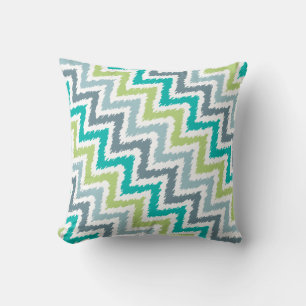 Blue Grey Green Zigzag Ikat Pattern Cushion