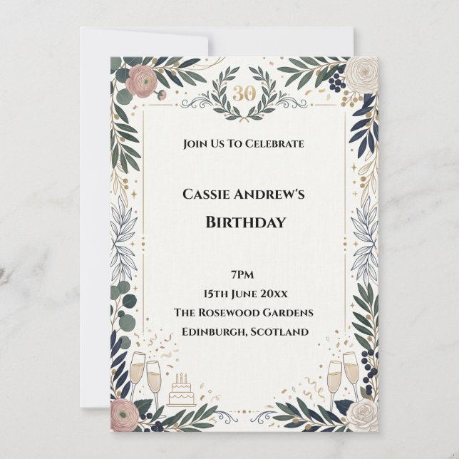 Blue Grey Greenery Milestone Birthday Invitation (Front)