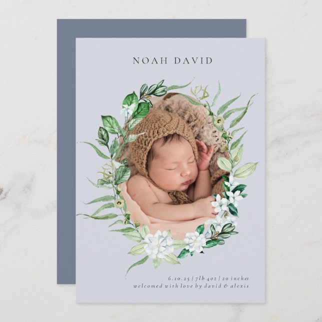 Blue Grey Greenery Wreath Photo Birth Announcement (Front/Back)