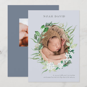 Blue Grey Greenery Wreath Photo Birth Announcement