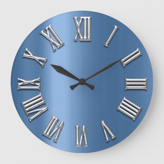 Blue Grey Grey Metal Grey Silver Roman Number Large Clock (Front)