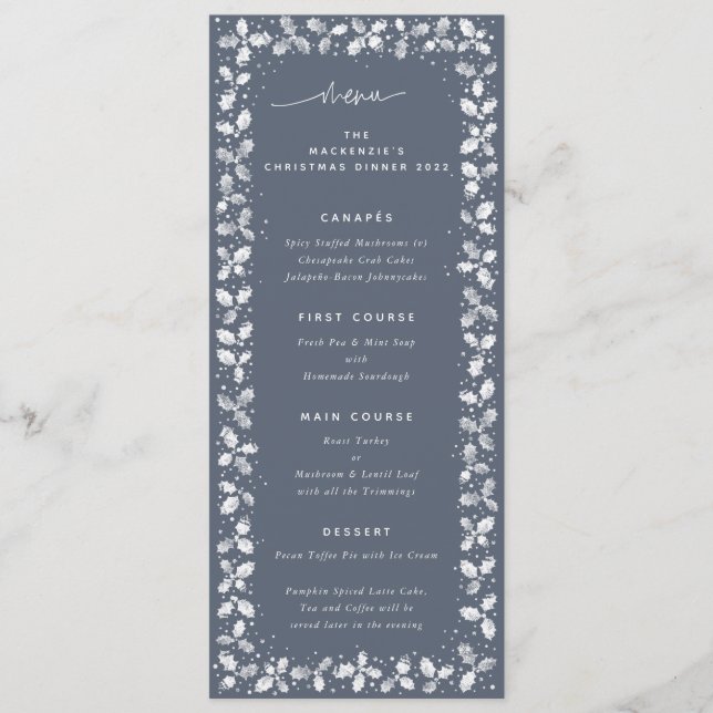 Blue-Grey Hand Printed Holly+Berries Christmas Menu (Front)