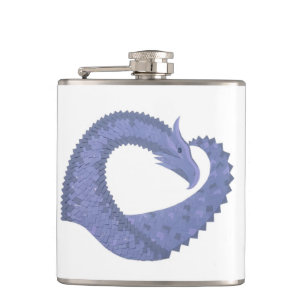 Blue-grey heart dragon on white hip flask